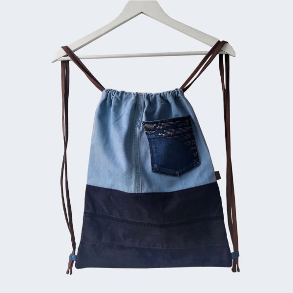 Kollib upcycled denim and brown fabric drawstring bag