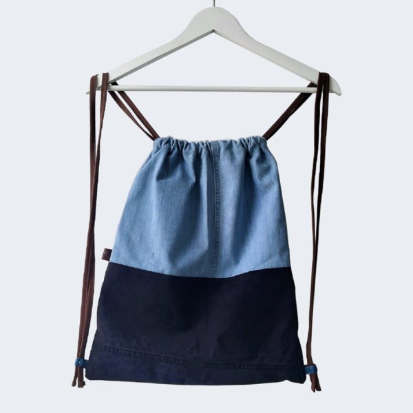 Kollib upcycled denim and brown fabric drawstring bag