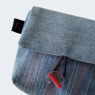 Square Denim Tiny Purse with a red button